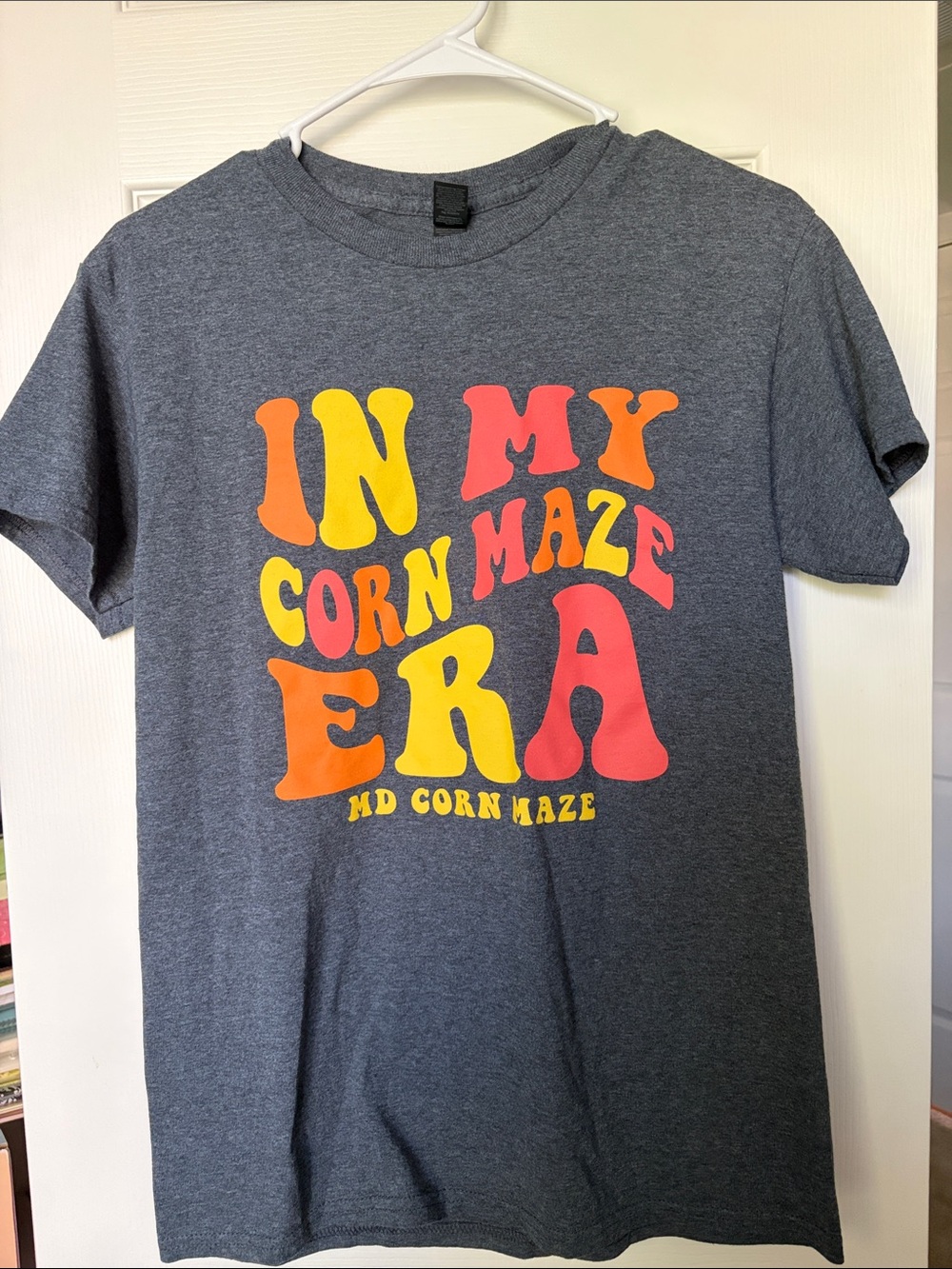 Gray Graphic Tee with Yellow & Pink Retro Text